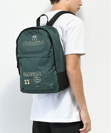 From Primitive comes the Reboot backpack in a green and black colorway, with various Primitive graphics in beige screen-printed on the front.