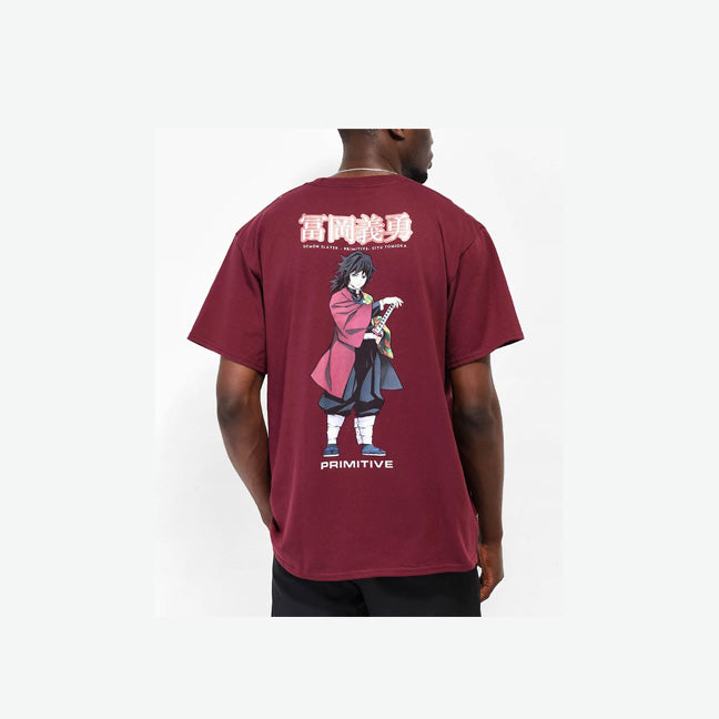 Primitive x Demon Slayer come together to bring you the Giyu Tomioka t-shirt in a burgundy colorway, showing off the brand name center chest in a contrasting white. 