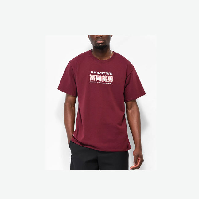 Primitive x Demon Slayer come together to bring you the Giyu Tomioka t-shirt in a burgundy colorway, showing off the brand name center chest in a contrasting white. 