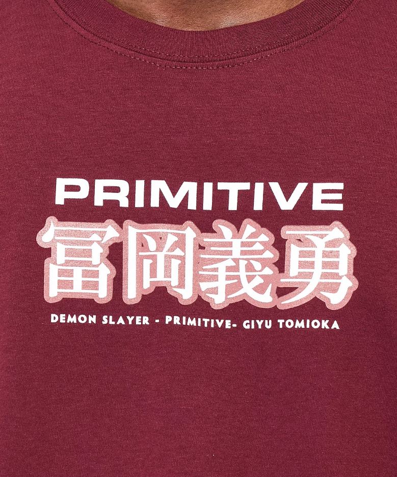 Primitive x Demon Slayer come together to bring you the Giyu Tomioka t-shirt in a burgundy colorway, showing off the brand name center chest in a contrasting white. 